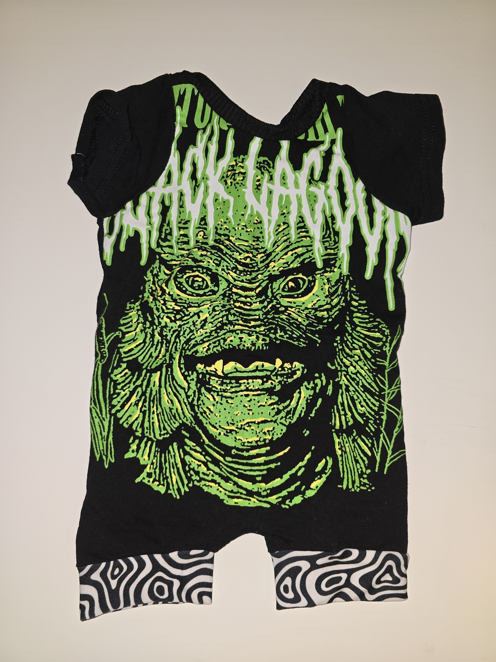Infant Black & Neon Green Creature Upcycled Romper